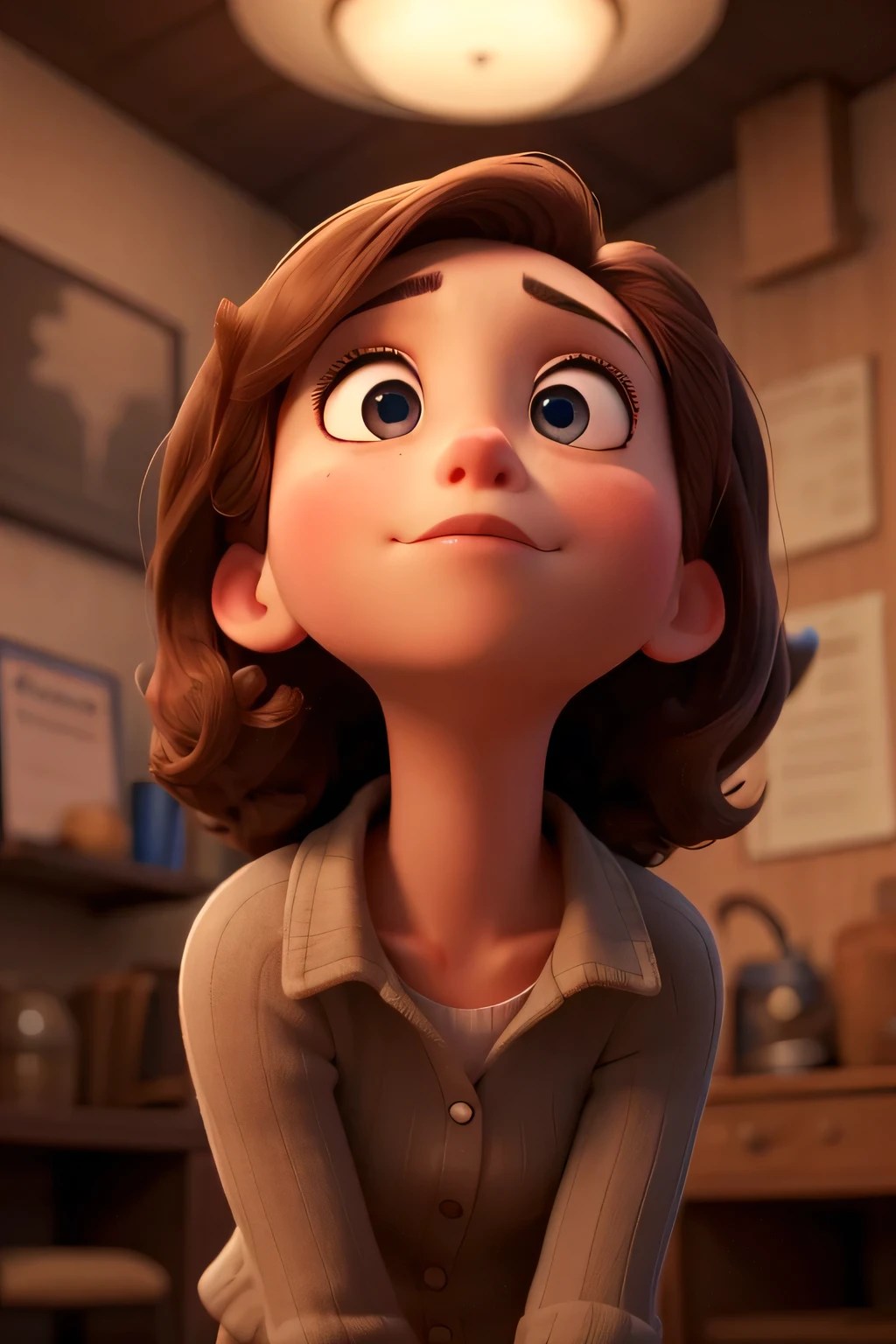 Emily looks up, eyes wide with curiosity