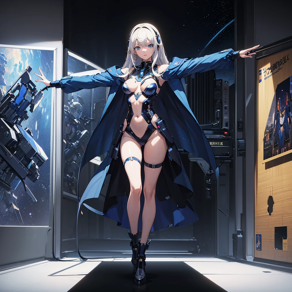 (masterpiece:1.2) (((32k))),(((Highest quality))),(Perfect One Woman) masterpiece, add_detail best quality, perfect anime girl, Poster, Futuristic, blue shades, robotic girl, 2 girls dancing in a space shuttle, dance pose, dancing, dancing moves, music