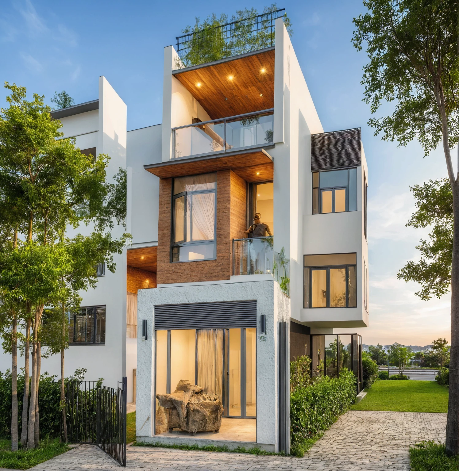 Masterpiece, high quality, best quality, authentic, super detail, outdoors, house style modern, bietthuhn, white wall, glass windows, gate road, pavement, grass, trees, Beautiful_sky, SUNSET, (day:1.1), realistic lighting