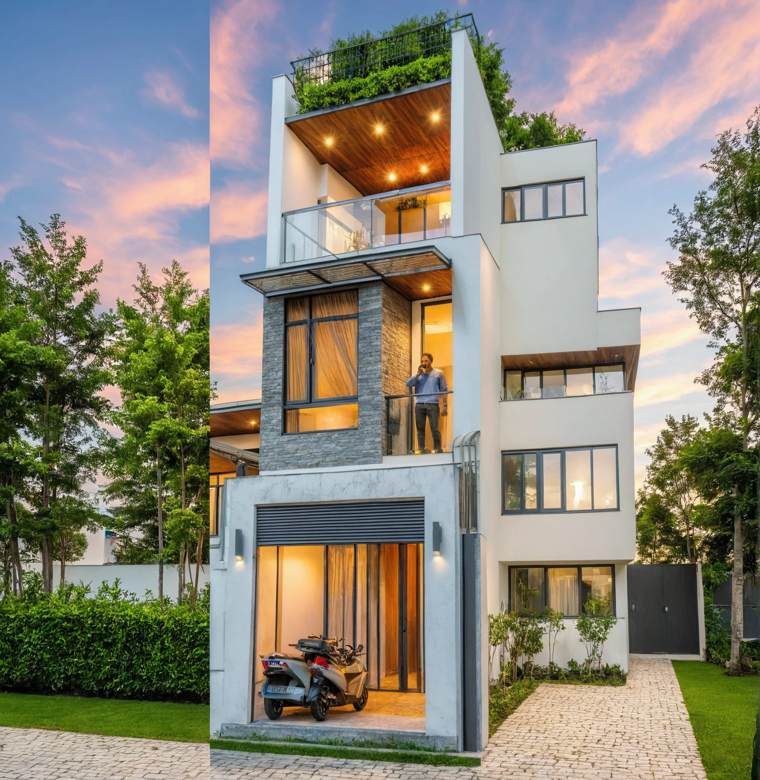 Masterpiece, high quality, best quality, authentic, super detail, outdoors, house style modern, bietthuhn, white wall, glass windows, gate road, pavement, grass, trees, Beautiful_sky, SUNSET, (day:1.1), realistic lighting