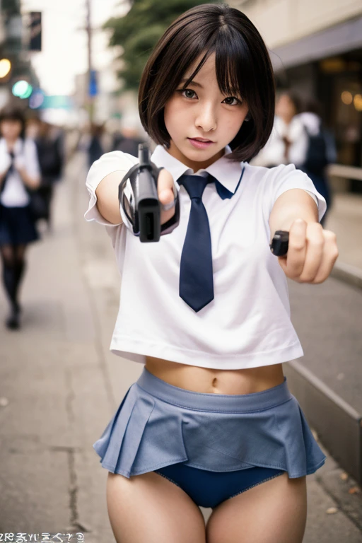 Analog Style, RAWphotograph, photograph, Hyperrealistic, amateur photo shot , Aesthetic artwork, ((Magazine Cover、Large text)), On the city streets, Detailed skin, detailed natural raw light, Very detailedな, Cinematic, highest quality, Super detailed, Very detailed, grain, noise, Heading, stylish, font, Memorable、A boyish and healthy beautiful girl,((Flowing sweat)) Beautiful Eyes, Realistic eyes, Beautiful details in the eyes, (Realistic Skin),Japanese Idols、short hair、(((High school girl)))、choker , (((High school uniform))) , (((small panties))) ,(don't wear skirts) , (((thong panties))), (((holding a Colt Government, M1911))) , (((pointing the gun towards me)))