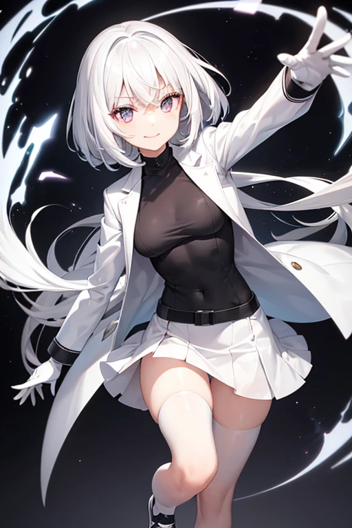 girl, White hair, silver eyes, calm smile, White jacket, black shirt, short black skirt, white sports shoes, black knuckleless gloves, transparent white stockings.