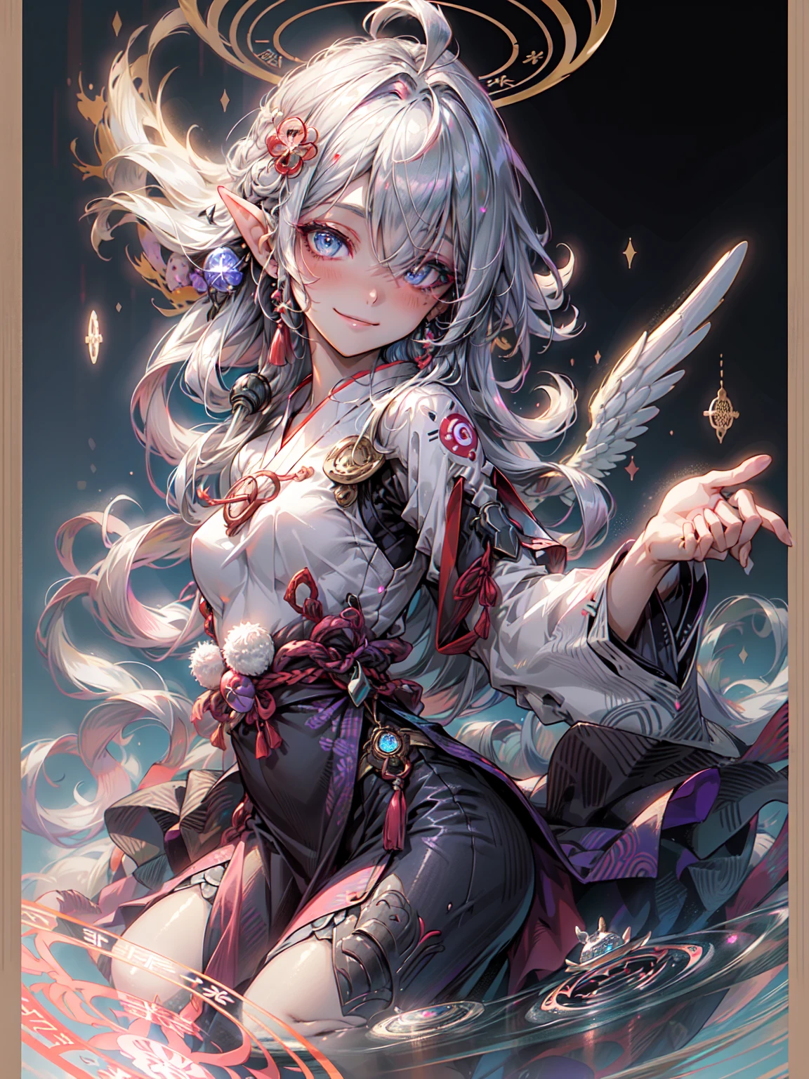 (Illustration Style:1.0), (One Woman:1.0), (20-year-old:1.0), (Small breasts:1.2), (Background Gorgeous Magic Circle Kaleidoscope:1.3), (Light particle effect:1.3), (floating pose, Jumping:1.2),
(Medium Shot:1.2), (Depth of written border:1.1), break、
(A beautiful, perfectly symmetrical face:1.1), (Beautiful details、Clear blue eyes:1.1),
(Cybernetic female robot:1.0), (Very detailed mech suit:1.1), (White Gothic Breastplate:1.1),
(金髪のLong Hair:1.0),
(Gorgeous white shrine maiden outfit :1.3), (Angel Wings:1.1), smile, Blake、 (Dark Elf), Perfect Face, 優しいsmile、become close, Ahoge, ((Long Hair:1.2)), (Hair above one eye:1.3), [[Messy Hair]], Shiny blonde white hair, Purple eyes, Variegated eyes, Colorful Hair, Shining Eyes, (eyelash, eye shadow, pink eye shadow), bright, smile, Design Art：Haruhiko Mikimoto, by Kawashi, By Yoshitaka Amano, Dark Skin