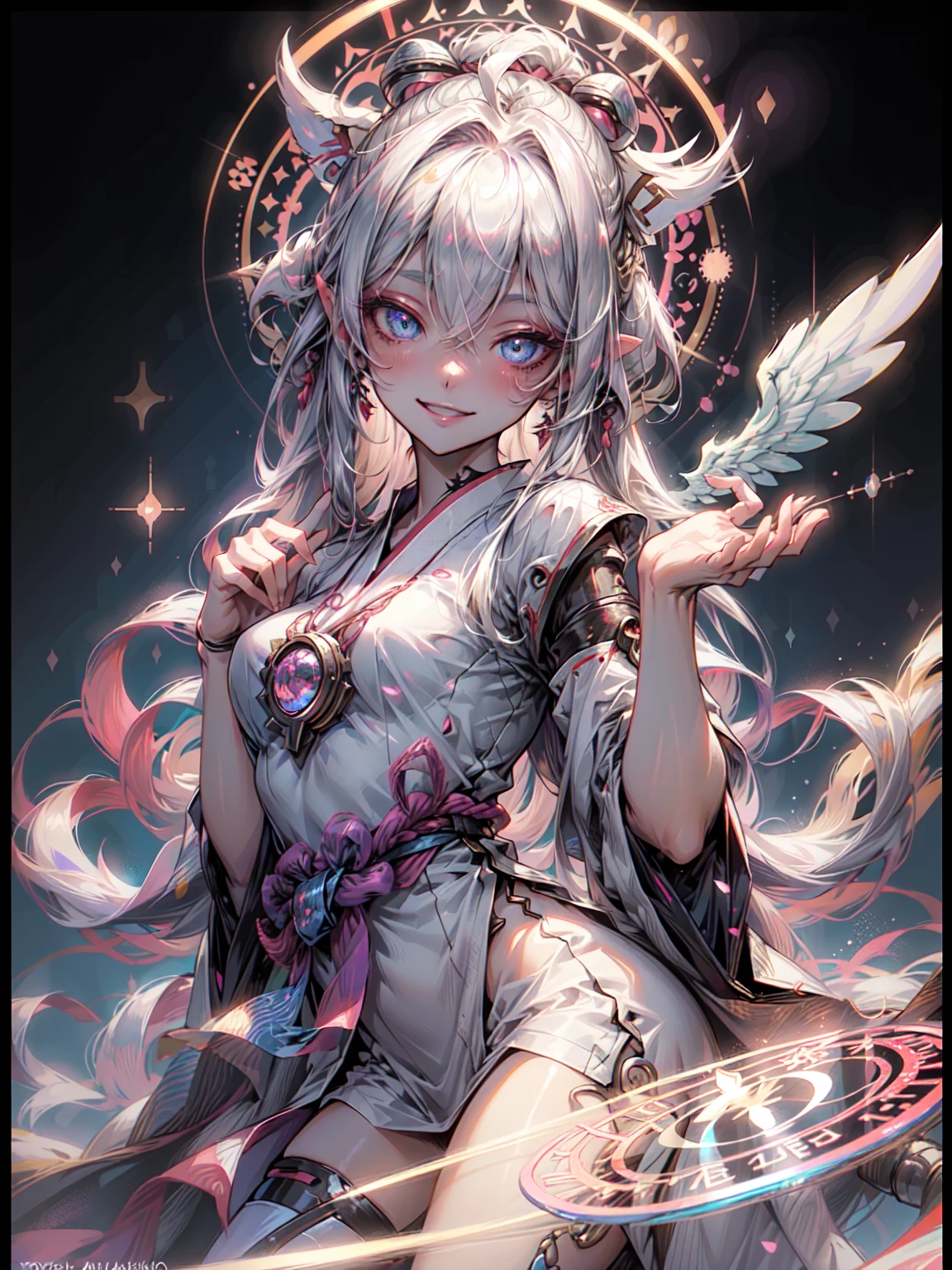 (Illustration Style:1.0), (One Woman:1.0), (20-year-old:1.0), (Small breasts:1.2), (Background Gorgeous Magic Circle Kaleidoscope:1.3), (Light particle effect:1.3), (floating pose, Jumping:1.2),
(Medium Shot:1.2), (Depth of written border:1.1), break、
(A beautiful, perfectly symmetrical face:1.1), (Beautiful details、Clear blue eyes:1.1),
(Cybernetic female robot:1.0), (Very detailed mech suit:1.1), (White Gothic Breastplate:1.1),
(金髪のLong Hair:1.0),
(Gorgeous white shrine maiden outfit :1.3), (Angel Wings:1.1), smile, Blake、 (Dark Elf), Perfect Face, 優しいsmile、become close, Ahoge, ((Long Hair:1.2)), (Hair above one eye:1.3), [[Messy Hair]], Shiny blonde white hair, Purple eyes, Variegated eyes, Colorful Hair, Shining Eyes, (eyelash, eye shadow, pink eye shadow), bright, smile, Design Art：Haruhiko Mikimoto, by Kawashi, By Yoshitaka Amano, Dark Skin