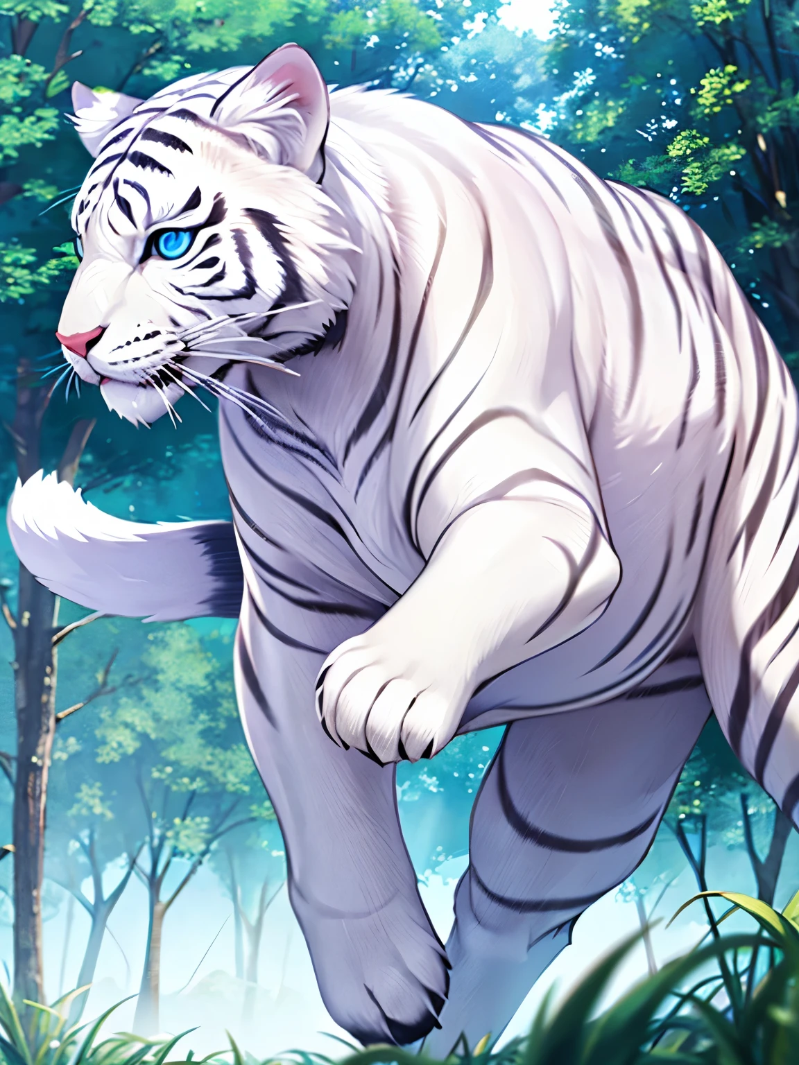 Big white tiger, running in the forest, blue eyes