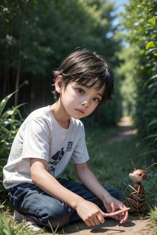 Here is a prompt for creating an illustration of a mixed-race boy who has a friendship with an ant:
Title: "The Ant Friend"
Description:
The illustration shows a mixed-race boy, with mixed ethnic features, sitting on the floor of a forest or garden. He has a look of curiosity and enchantment, carefully watching an ant that walks close to him. The boy gently extends his hand, allowing the ant to climb onto your finger, and the two seem to be in a moment of connection and friendship.
The scene conveys the idea of a special and respectful relationship between the boy and the little creature.. The background can be composed of natural elements, como folhas, twigs, grass or flowers, creating a welcoming and peaceful environment for this unique interaction.
The illustration should have a smooth style, with earthy color palette and natural tones, reflecting the serene atmosphere and connection between the mixed-race boy and the ant. Details like the boy's facial expression, the ant's posture and the overall composition of the scene should convey the feeling of a magical and meaningful moment.
I hope this prompt helps inspire you to create a touching and meaningful illustration about the friendship between a mixed-race boy and an ant. Feel free to interpret and adapt the prompt to suit your artistic vision.