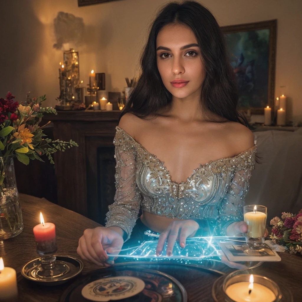 tarot reader 35 years woman sit on a table with cards, crystals and candles, beautiful detailed eyes, dark skin, dark hair medium size, mediterranean girl, beautiful detailed lips,extremely detailed eyes and face, longeyelashes, beautiful portrait, hyper realistic, intricate details, cinematic lighting, vibrant colors, magical atmosphere, mystical, ethereal, occult, dark fantasy The scene is illuminated by a bright light in the background with a light wall in the background,