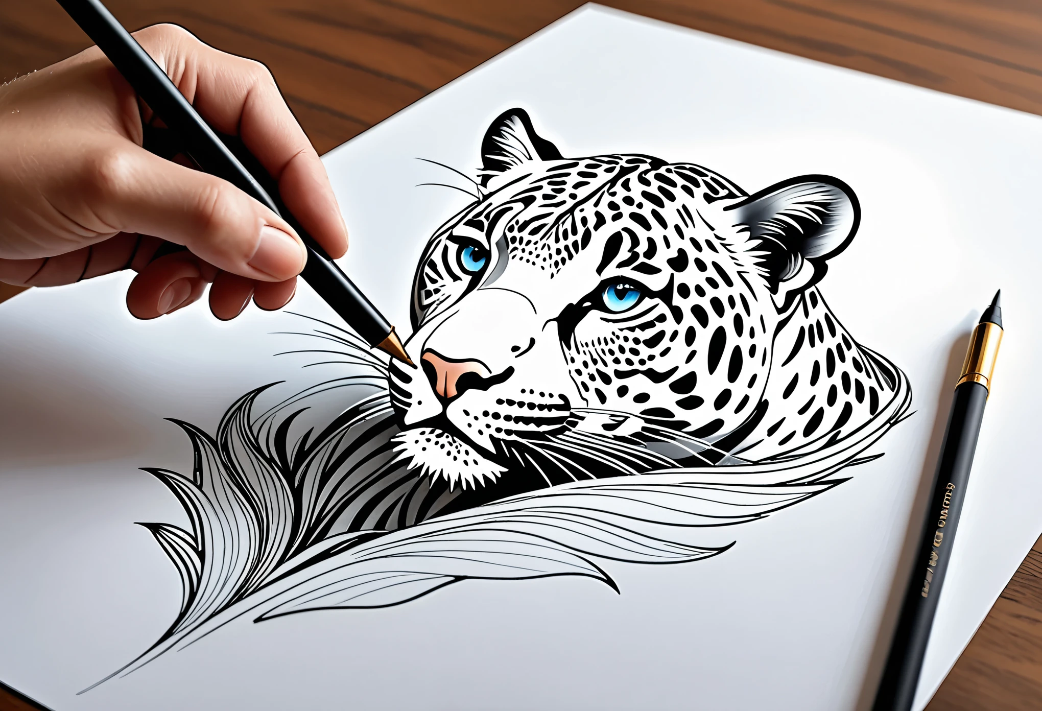 Sur une feuille de papier posé sur une table, Dessiner une figurine 4D de style encre uhd époustouflante et à couper le souffle d’Un maginifique guépard majestueux, regard intense, décors de savane, effet holographique qui semble sortir de la feuille de dessin, dessin extrêmement détaillé, hyperréaliste, Des détails sublimes. Un travail vraiment remarquable, travail joyeux et sensuel, (proportions parfaites, masterpiece, hyperRéaliste, masterpiece, superior quality, high resolution, Extremely detailed, highly detailed 8K wallpaper, détails fractales)
