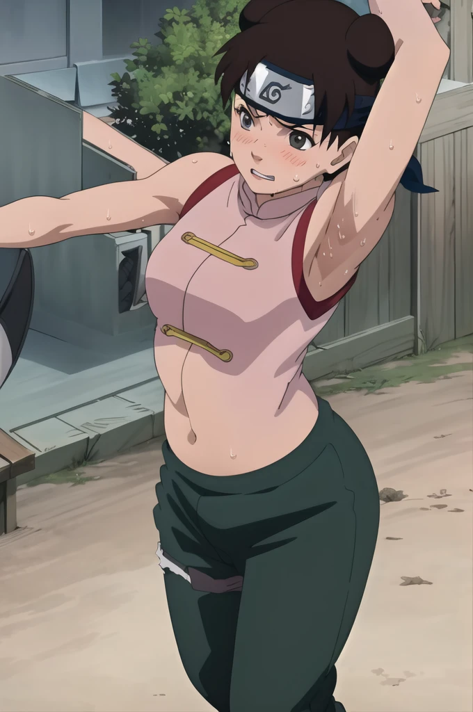 (masterpiece, 4K, Highest quality, anime style: 1.9, Detailed face, Lovely, Bold, High resolution, anime,  Curvaceous, Thighs,, (blush).Very slim belly, Cowboy Shot, (((One girl))),NARUTOanime風, Tenten,(((Sweaty))),(((armpits))),Pink Chinese dress,Dark green trousers,(((Show your armpits to your audience))),Raise one hand,(Accurate limbs)