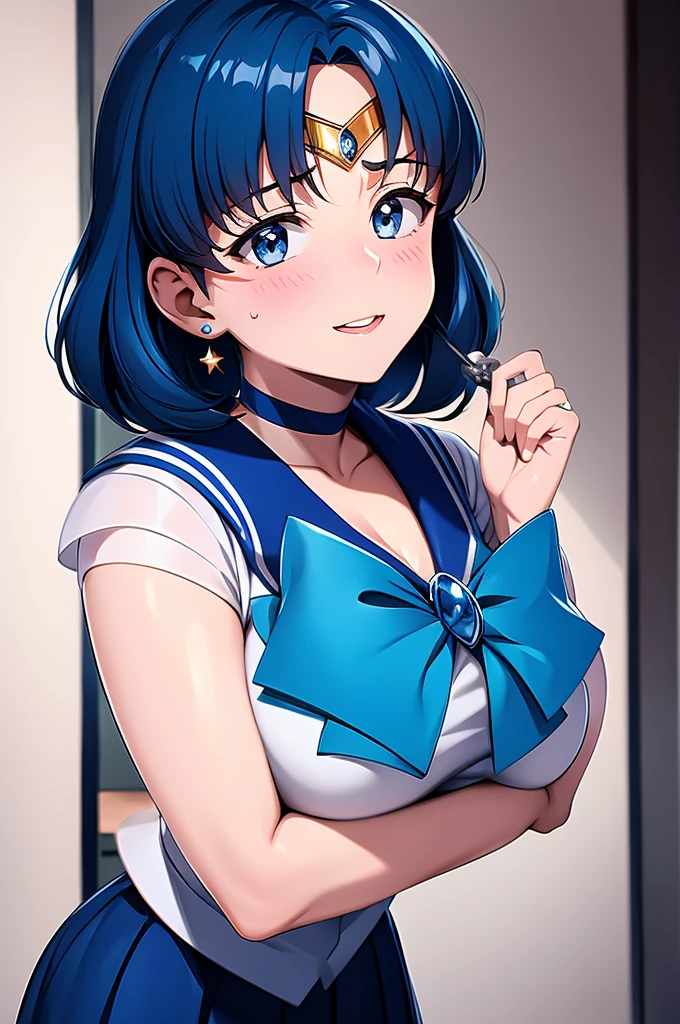 (only, One girl), (Disorganized, High resolution, formula wallpaper, Poster), (masterpiece, Best Quality:1.2), (figure, Realist), (Perfect details, Most detailed, Very detailed), Dramatic Light, Ami Mizuno, (Sailor Mercury, Neck tape, Blue Hair, short hair, ring, gem, Half moon earrings), (city, Starry Sky), (White thighs, ,Captivating smile, blush, Are standing) (dress, skirt), Huge breasts, blush, On the bed