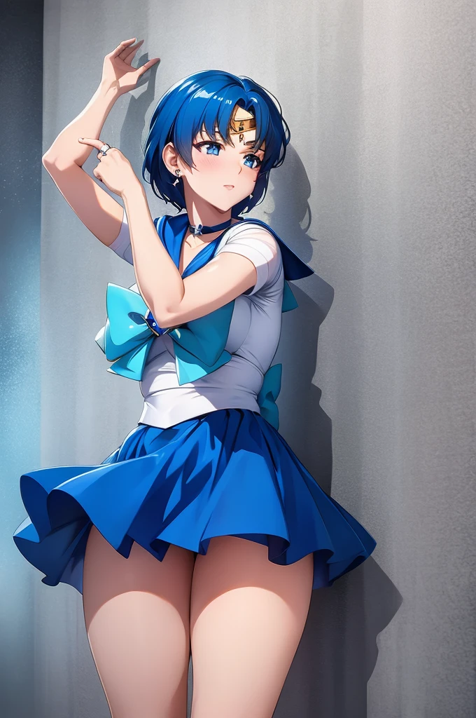 (only, One girl), (Disorganized, High resolution, formula wallpaper, Poster), (masterpiece, Best Quality:1.2), (figure, Realist), (Perfect details, Most detailed, Very detailed), Dramatic Light, Ami Mizuno, (Sailor Mercury, Neck tape, Blue Hair, short hair, ring, gem, Half moon earrings), (city, Starry Sky), (White thighs, ,Captivating smile, blush, Are standing) (dress, skirt), Huge breasts, blush, On the bed