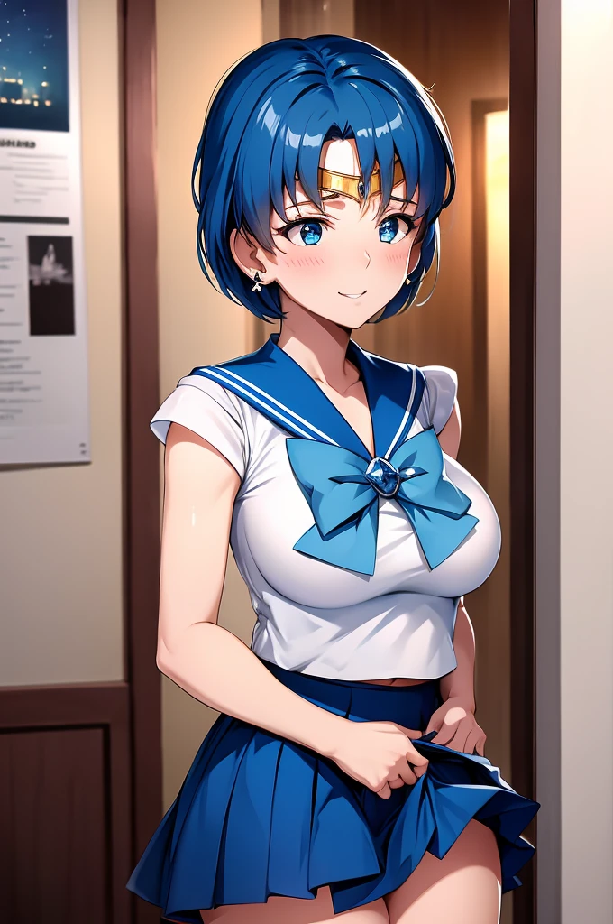 (only, One girl), (Disorganized, High resolution, formula wallpaper, Poster), (masterpiece, Best Quality:1.2), (figure, Realist), (Perfect details, Most detailed, Very detailed), Dramatic Light, Ami Mizuno, (Sailor Mercury, Neck tape, Blue Hair, short hair, ring, gem, Half moon earrings), (city, Starry Sky), (White thighs, ,Captivating smile, blush, Are standing) (dress, skirt), Huge breasts, blush, On the bed