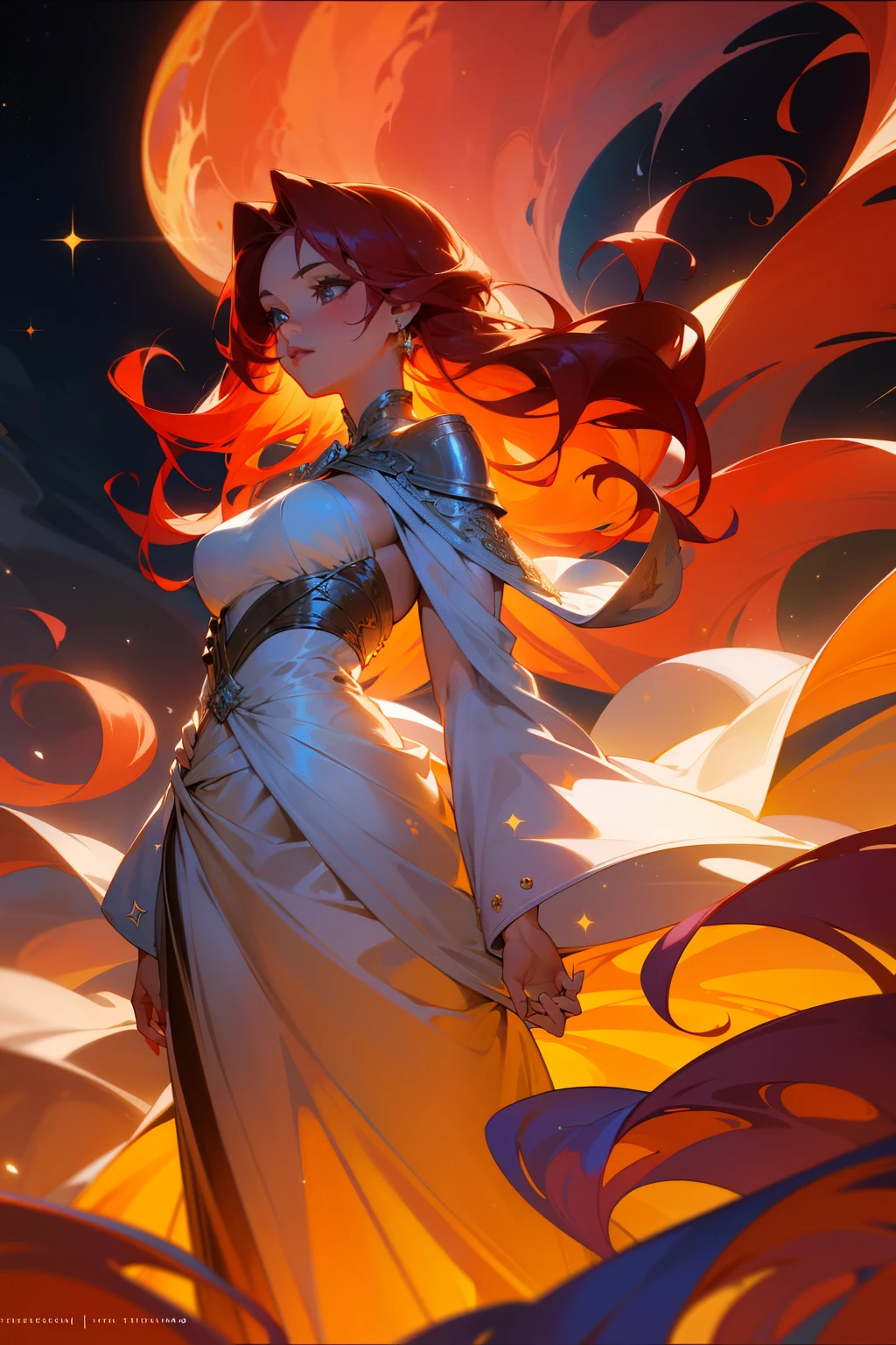 Dramatic light illuminates a captivating duna, her fiery red hair cascading in waves as she stands with an air of mystery. Her eyes, shimmering like stars, are filled with a sense of longing and adventure. The dramatic light casts intricate shadows on her face, emphasizing her high cheekbones and full lips. She wears a flowing, silver gown that swirls around her, hinting at the enigmatic journey she is about to embark on. The gown, adorned with intricate silver beadwork, sparkles under the dramatic light, adding to the atmosphere of enchantment and excitement.