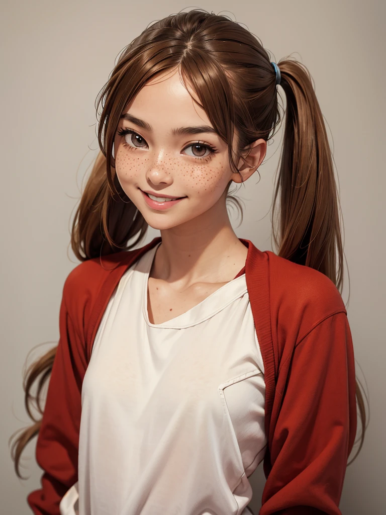 (best quality), 1girl, female, honey toned skin, chestnut hair, long hair, slightly wavy hair, pigtails, brown eyes, perfect eyes, freckles, red clothes, , slender, small bust, smile, masterpiece, anatomically correct, highres
