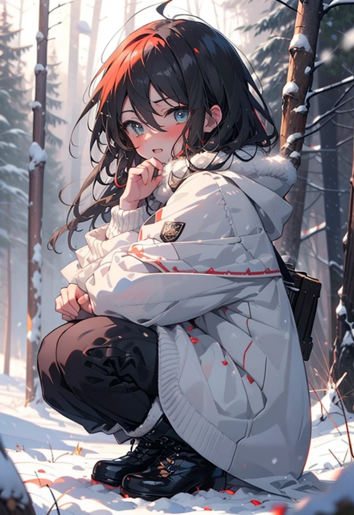 Shana,灼眼のShana,Long Hair, Redhead, Red eyes,Ahoge,,smile,blush,White Breath,
Open your mouth,snow,Ground bonfire, Outdoor, boots, snowing, From the side, wood, suitcase, Cape, Blurred, , forest, White handbag, nature,  Squat, Mouth closed, Cape, winter, Written boundary depth, Black shoes, red Cape break looking at viewer, Upper Body, whole body, break Outdoor, forest, nature, break (masterpiece:1.2), Highest quality, High resolution, unity 8k wallpaper, (shape:0.8), (Beautiful and beautiful eyes:1.6), Highly detailed face, Perfect lighting, Highly detailed CG, (Perfect hands, Perfect Anatomy),