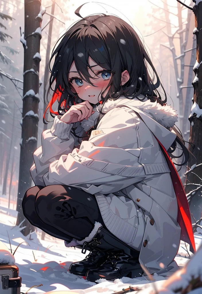 Shana,灼眼のShana,Long Hair, Redhead, Red eyes,Ahoge,,smile,blush,White Breath,
Open your mouth,snow,Ground bonfire, Outdoor, boots, snowing, From the side, wood, suitcase, Cape, Blurred, , forest, White handbag, nature,  Squat, Mouth closed, Cape, winter, Written boundary depth, Black shoes, red Cape break looking at viewer, Upper Body, whole body, break Outdoor, forest, nature, break (masterpiece:1.2), Highest quality, High resolution, unity 8k wallpaper, (shape:0.8), (Beautiful and beautiful eyes:1.6), Highly detailed face, Perfect lighting, Highly detailed CG, (Perfect hands, Perfect ),