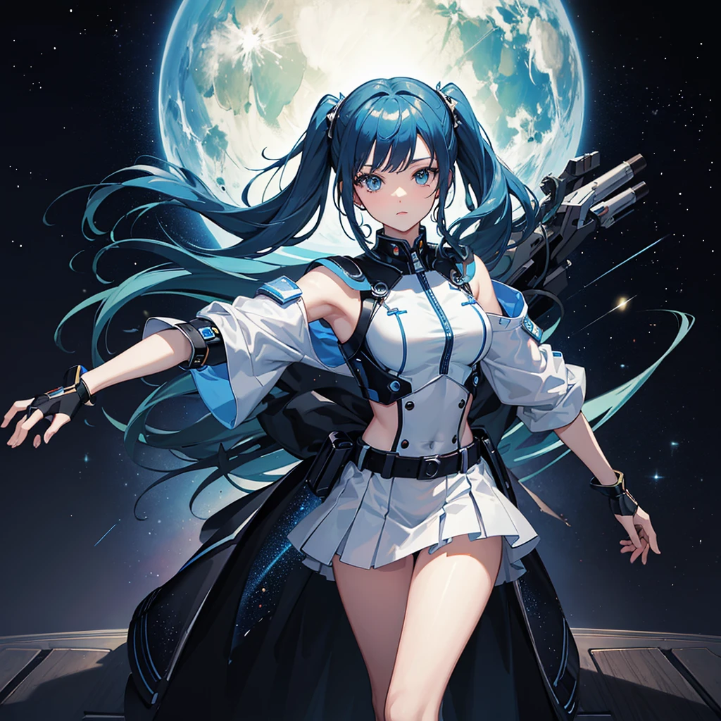 (masterpiece:1.2) (((32k))),(((Highest quality))), perfect women, masterpiece, add_detail best quality, perfect anime girl, Poster, Futuristic, blue shades, robotic girl, 2 girls dancing in a space shuttle, dance pose, dancing, dancing moves, music