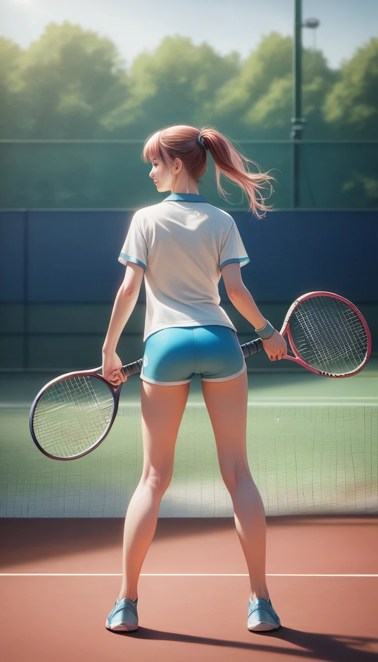 Realistic, detailed, high resolution, woman, tennis,tennisウェア, T-Shirts, leggings, tennisコート, Outdoor, Opponent player on the other side, Jump lightly and serve, Rear view, A racket with tightly strung strings, Racket in right hand, Right hand raised high, The ball hits the center of the net on the racket
