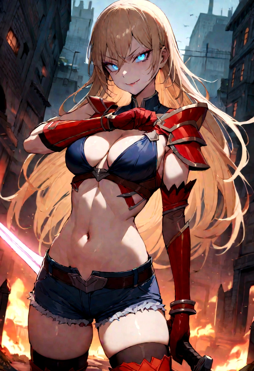(Highly quality, masterpiece, detailed), undead city detailed scenario, undead city detailed background, 1girl, Magik, midriff, thigh highs, gloves, short shorts, cleavage, soul sword, evil smile, armored left arm, glowing blue eyes, navel, perfect face, beautiful eyes, looking at the viewer, Sexy pose