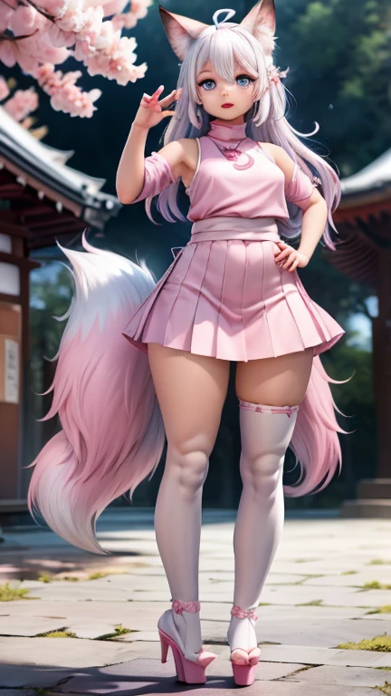 Best quality, hyper-high detail, very high res, Extremely detailed CG, Realism,absurd res,fox ear,Huge colorful fox tail, D cup breasts 8K,Colorful, A 20-year-old nine-tailed fox girl,japanaese girl,Light turtleneck shirt,Detailed clothing patterns,tiese,(full body:1.3),Solo,chubby body shape,(long leges:1.3), Faraway view,high-heels,(Blue eyes), (white hair to shoulders), Extremely long white diamond hair floating, blueribbon, Beautiful eyes,(Pink clothes:1.3),Wet clothes, Short pink skirt, detailed and beatiful face and eyes, ((Shiny skin)),white wavy hair, (detailed and beautiful shiny clothes, Temple,holy rays,japan temple,the cherry trees,Cherry blossoms flying,(dynamicposes:1.3),low perspective,