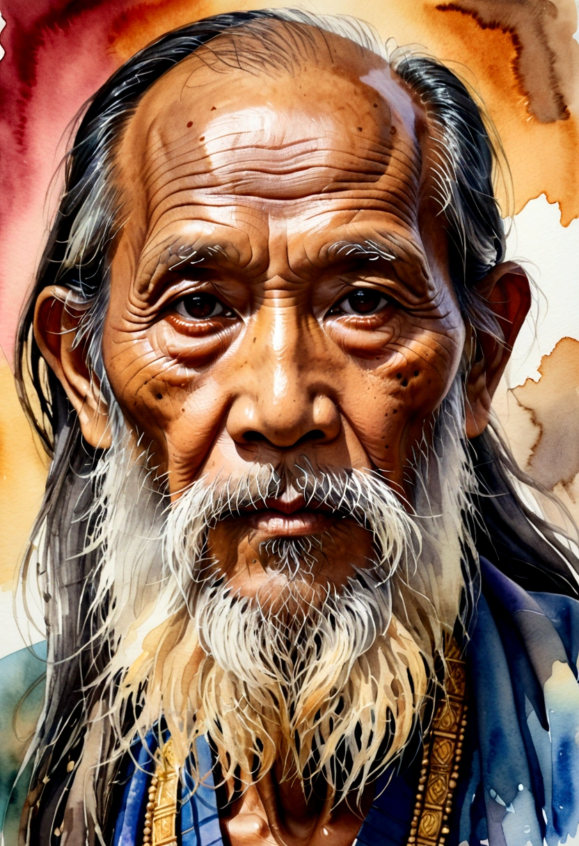 Watercolor image of the face of an old Thai man with a long, messy beard.