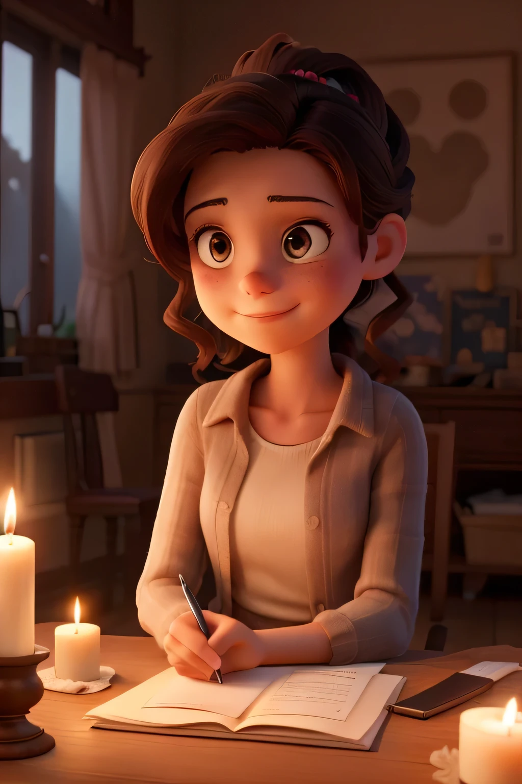 Flashback scene: a young woman writing the letter by candlelight.