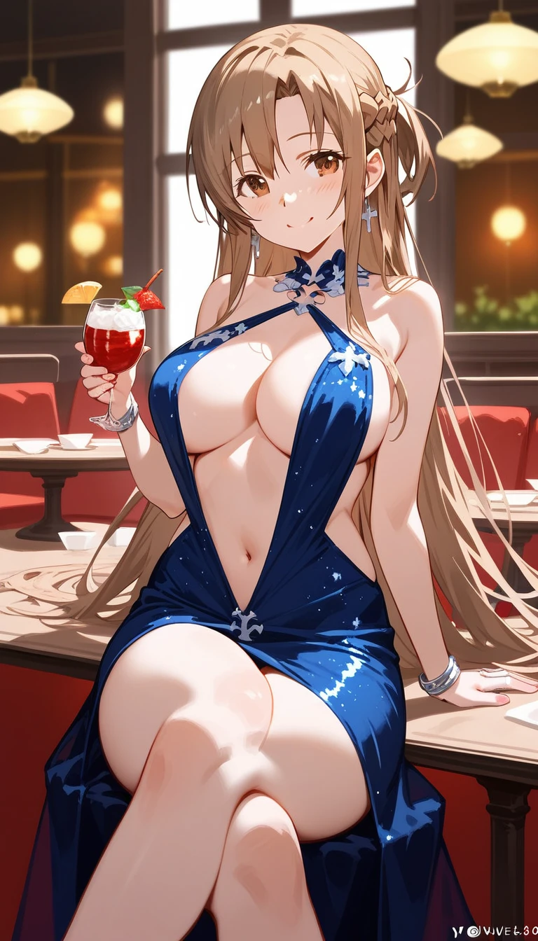 score_9,score_8_up,score_7_up,18 year old,1girl,asuna \(sao-alo\), sword art online,yuuki asuna,solo,nsfw,brown eyes, brown hair, long hair, bangs, braid,sitting,crossed legs, holding cup,seductive-smile,blush,large breasts,brown hair,parted hair,long hair,red evening gown,plunging neckline,wedding ring,center opening,cleavage,navel,earrings,bracelet,restaurant,