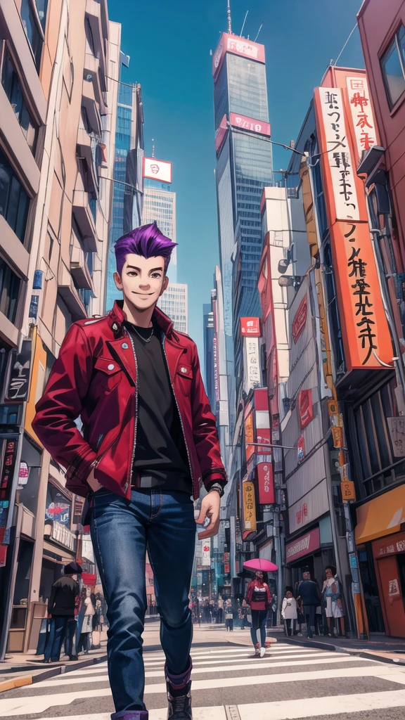 Bad boy, low angle, purple pompadour, red jacket and jeans, looking at camera, smiling, Tokyo city,Pocket Hand、solo