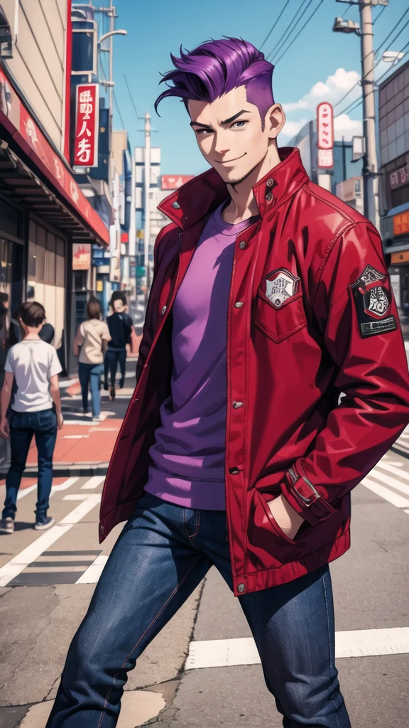 Bad boy, low angle, purple pompadour, red jacket and jeans, looking at camera, smiling, Tokyo city，Pocket Hand、solo