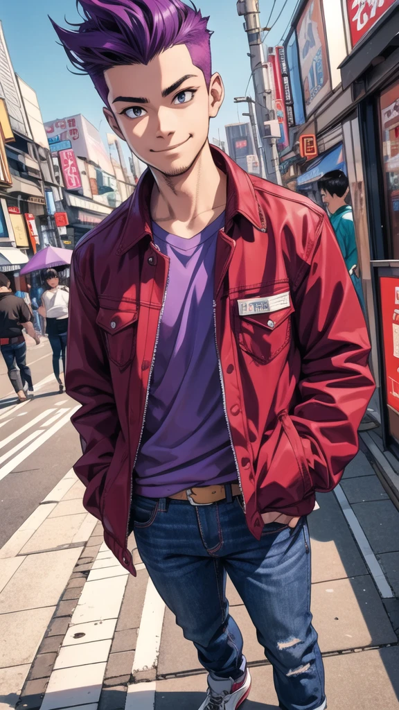Bad boy, low angle, purple pompadour, red jacket and jeans, looking at camera, smiling, Tokyo city,Pocket Hand、solo