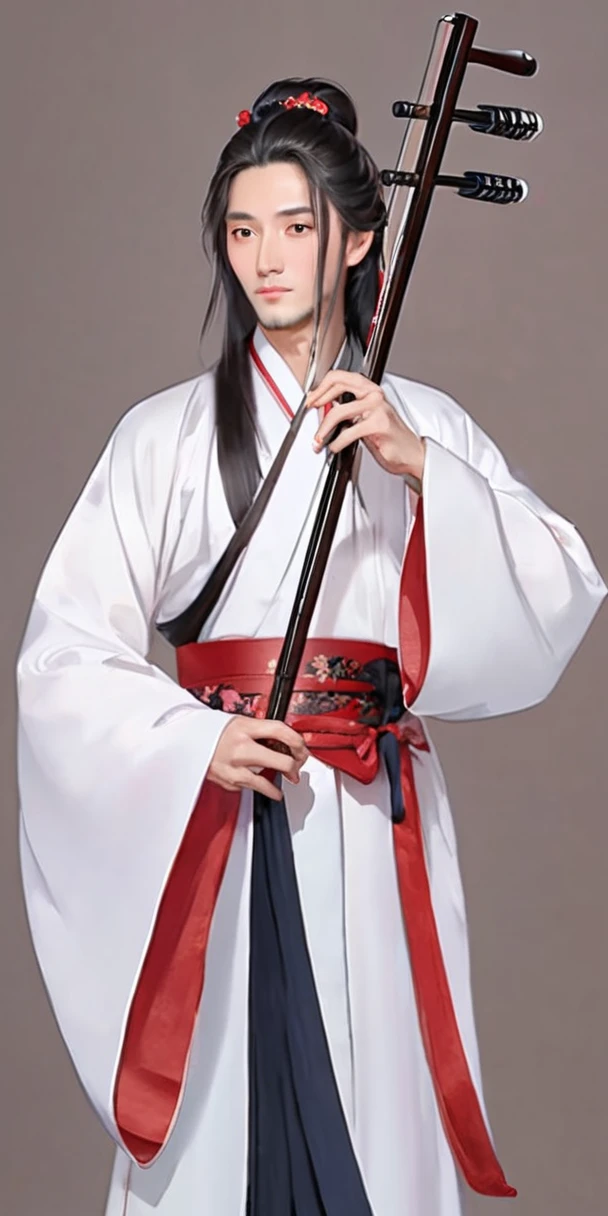 1man, young man, long hair,  western face, face detail, tall and thin, playing erhu,holding erhu, wearing hanfu, (((masterpiece,best quality))),((good structure,Good composition,good atomy)), ((clear, original,beautiful)),