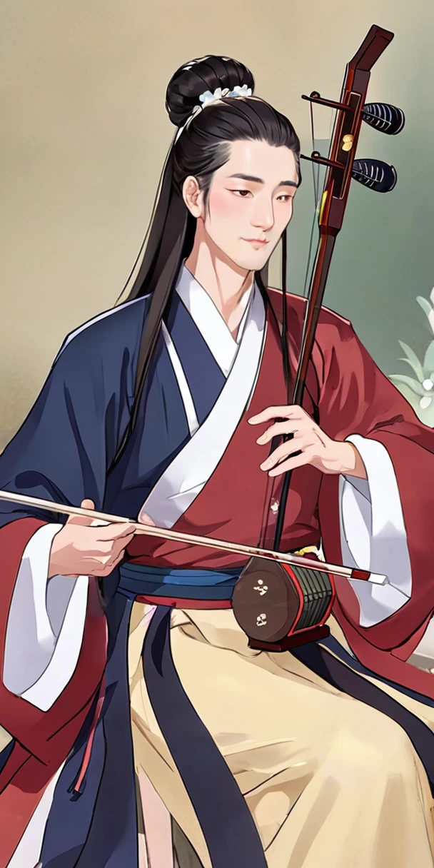 1man, young man, long hair,  western face, face detail, tall and thin, playing erhu,holding erhu, wearing hanfu, (((masterpiece,best quality))),((good structure,Good composition,good atomy)), ((clear, original,beautiful)),