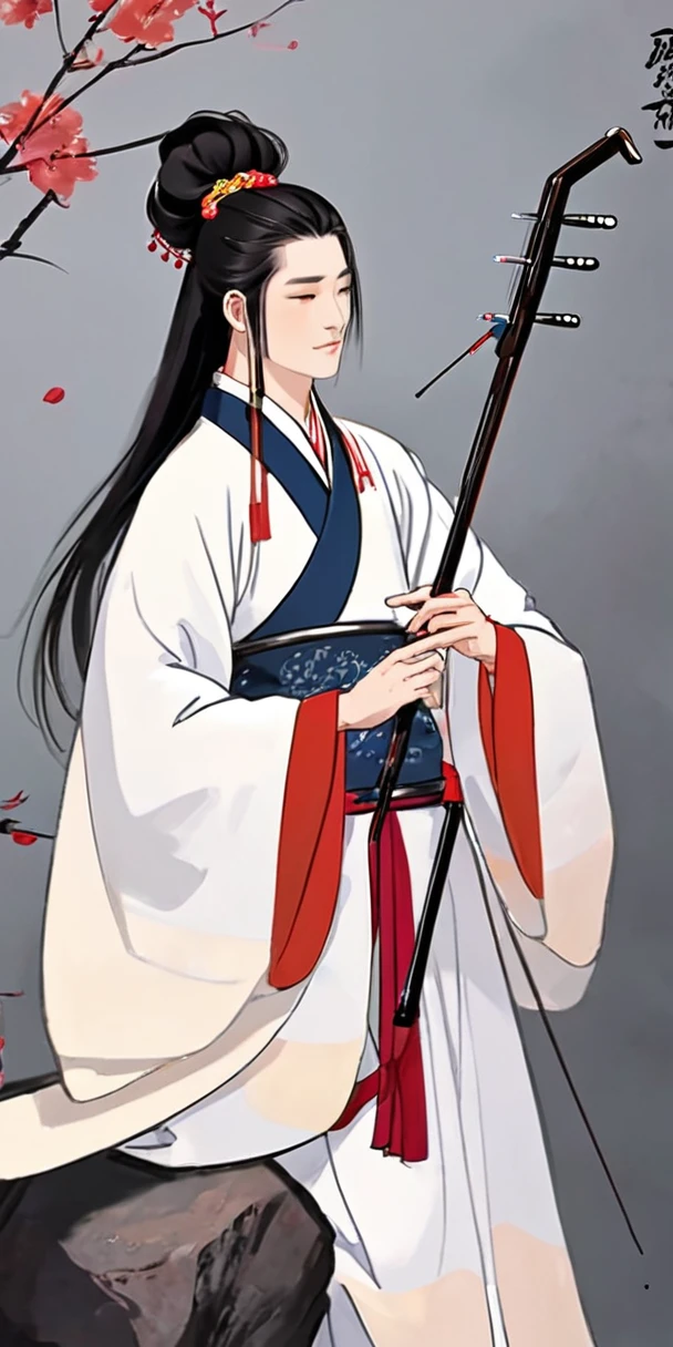 1man, young man, long hair,  western face, face detail, tall and thin, playing erhu,holding erhu, wearing hanfu, (((masterpiece,best quality))),((good structure,Good composition,good atomy)), ((clear, original,beautiful)),