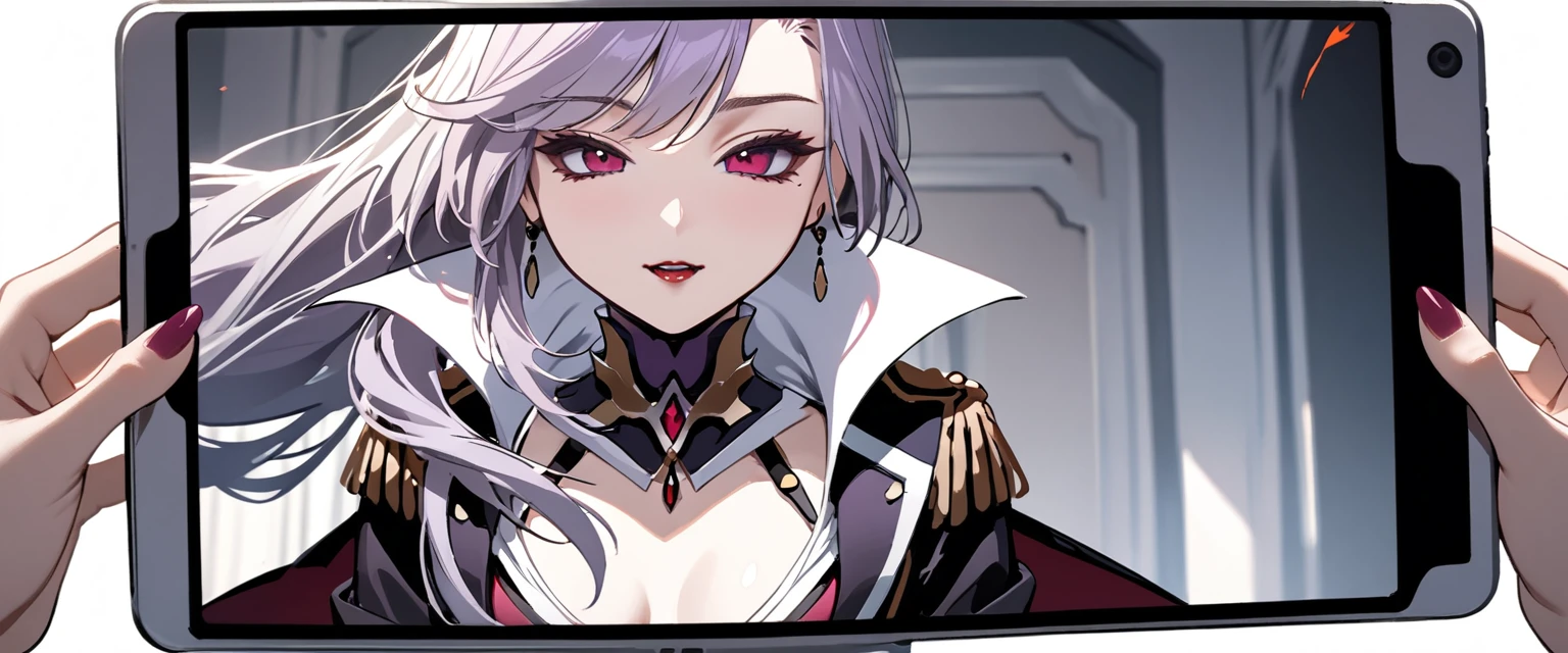 (masterpiece, best quality:1.2), 1girl, solo, Sonata, vampire, purple hair, in hads white tablet screen to viewer