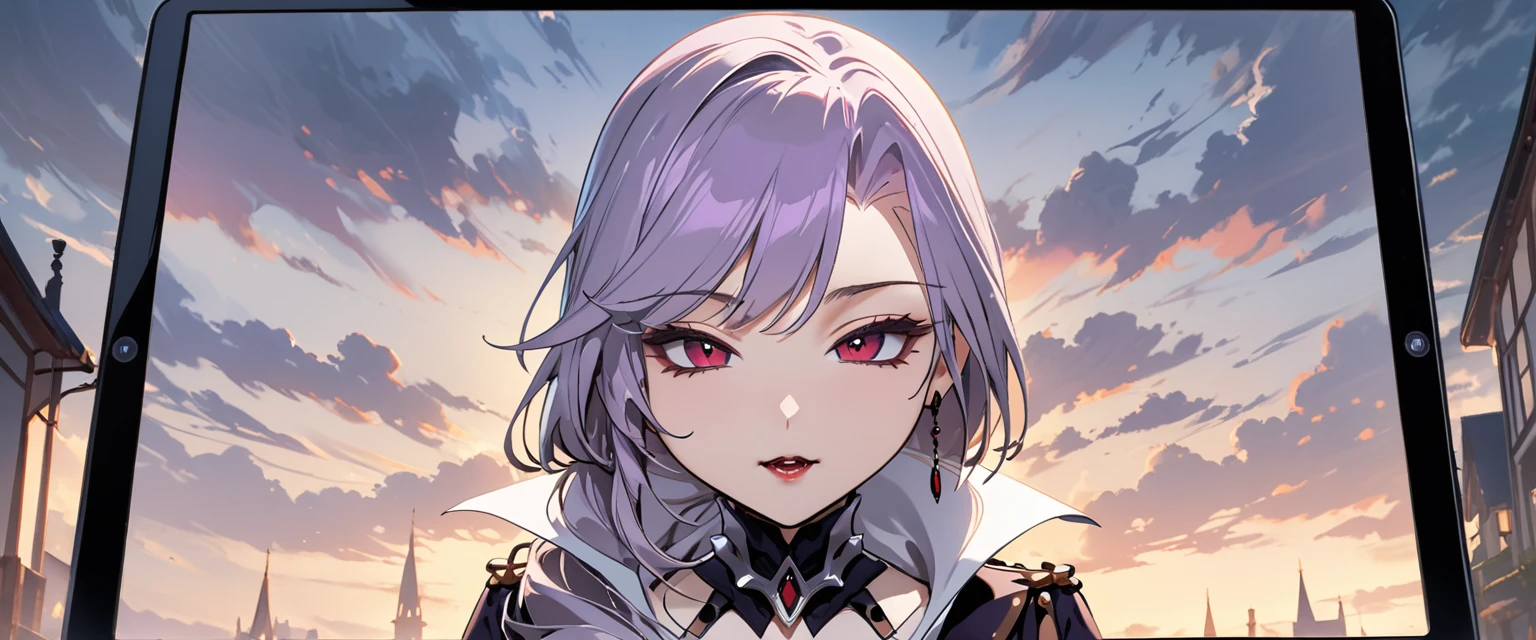 (masterpiece, best quality:1.2), 1girl, solo, Sonata, vampire, purple hair, in hads white tablet screen to viewer