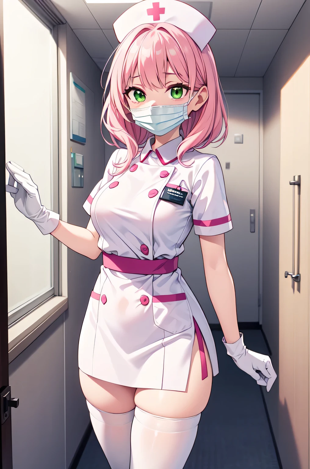 1woman, solo, nurse, white nurse cap, white nurse uniform, ((white legwear, zettai ryouiki)), white gloves, pink hair, green eyes, drooping eyes, ((white surgical mask, covered nose)), standing, ((hospital room)), sharp outline, short sleeves, mature female, 32 years old, best quality, masterpiece