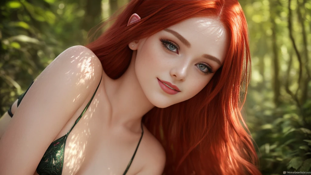 (masterpiece, best quality),(1girl, solo:1.3),(beautiful detailed eyes,beautiful detailed lips,extremely detailed eyes and face,longeyelashes),(red hair),(smile),(small sexy bikini),(forest background),(ultra-detailed,photorealistic,photo-realistic:1.37),(vibrant colors,natural lighting) (masterpiece, best quality),(1girl, solo:1.3),(beautiful detailed eyes,beautiful detailed lips,extremely detailed eyes and face,longeyelashes),(red hair),(smile),(small sexy bikini),(forest background),(ultra-detailed,photorealistic,photo-realistic:1.37),(vibrant colors,natural lighting),(lying up), (aerial camera)