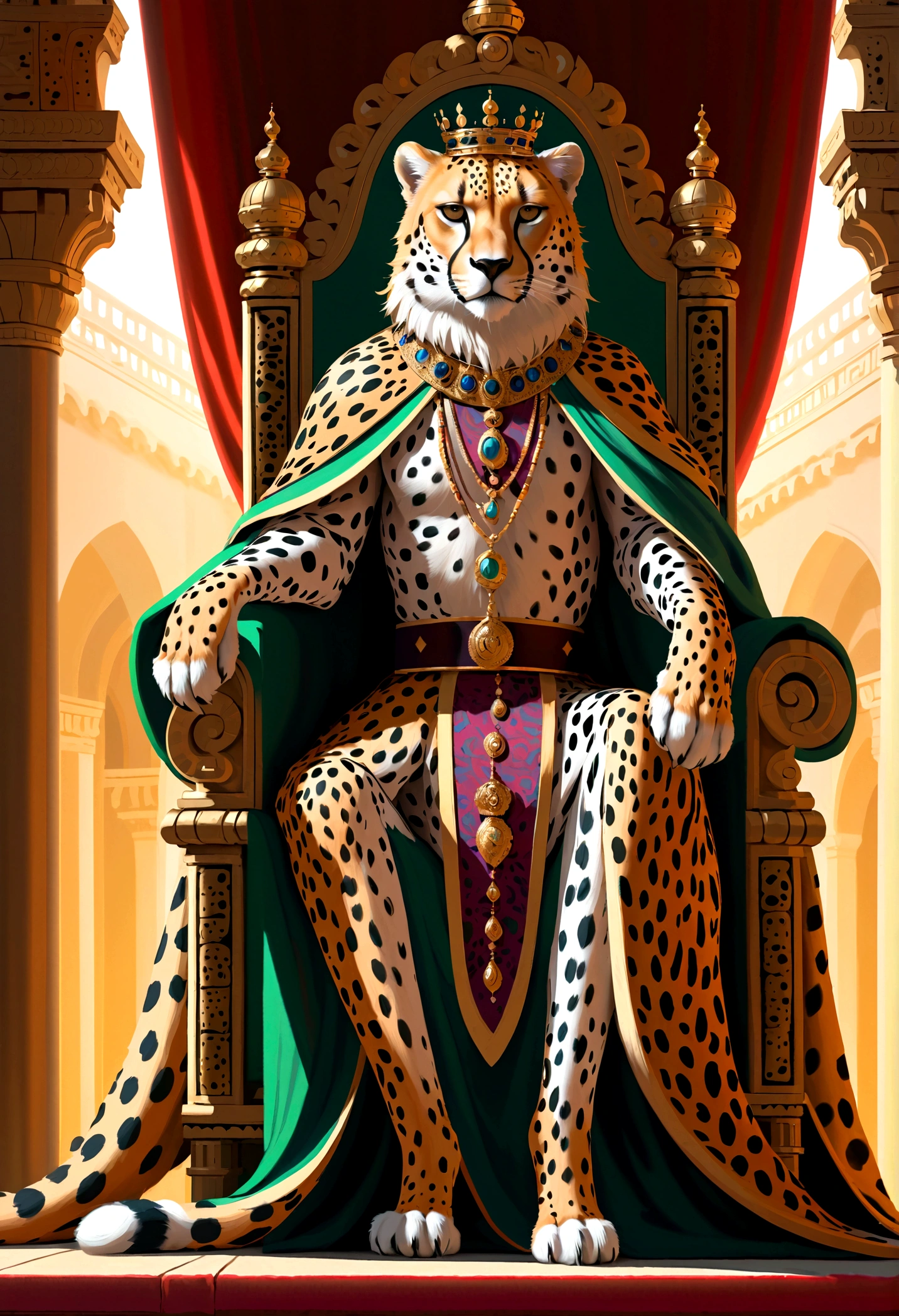 (masterpiece), A Cheetah Emperor, crown, robe, Sitting on the throne, detailed fur texture, piercing eyes, regal posture, ornate throne with intricate carvings, lush palace environment, warm lighting, dramatic shadows, 8k, cinematic lighting, dramatic composition