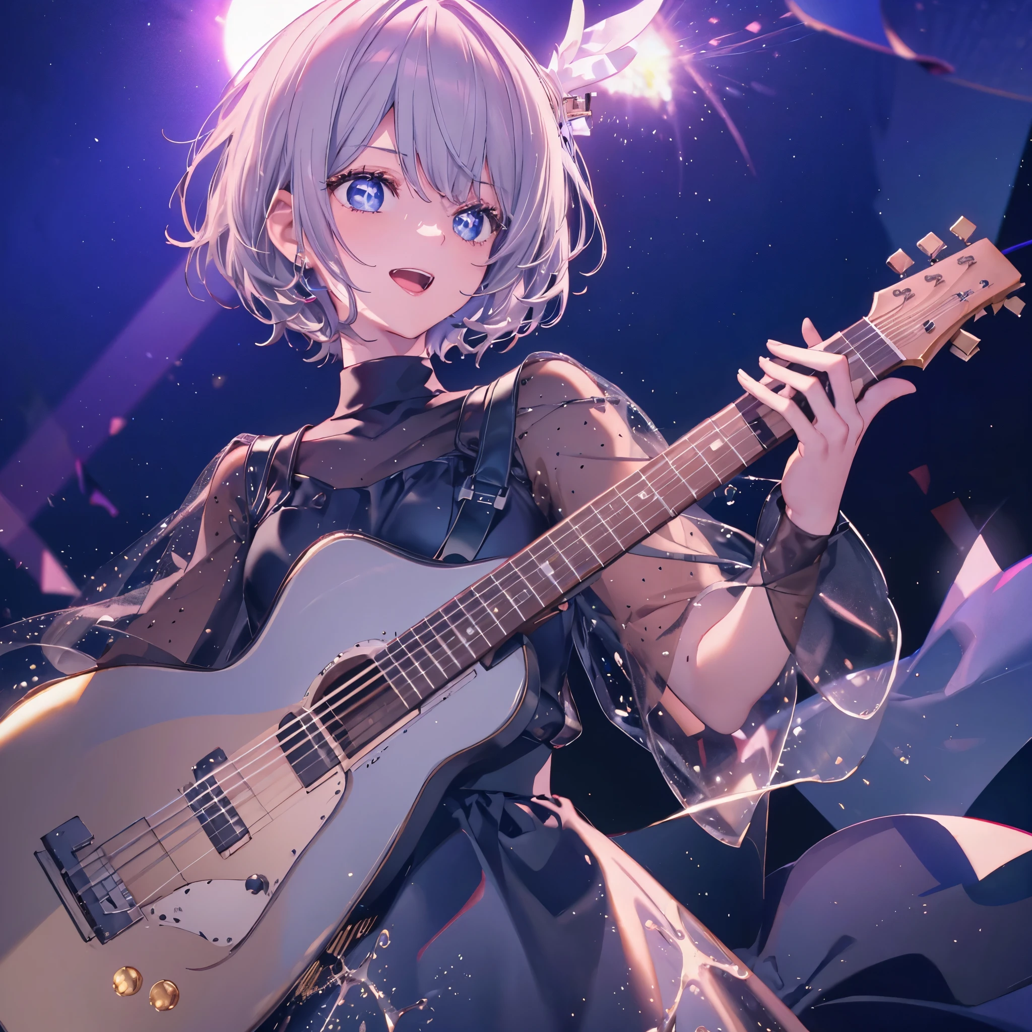 (((1 person Gray Hair dress singer blue eyes))) ((High resolution short hair 青いdress Black Skirt Rin々Funny face)) ((Close-up)) ((Sing a song Shining Aura On stage Guitar solo Stand microphone)) (smile Exposure to blue light) Shining Background Shining Edge