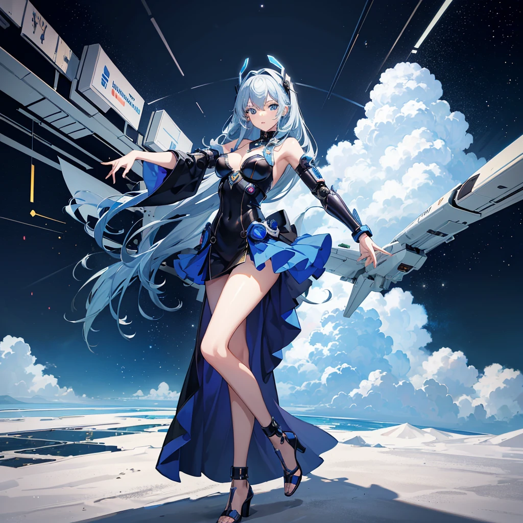 (masterpiece:1.2) (((32k))),(((Highest quality))),(detailed, 8k, high res,) masterpiece, add_detail best quality, perfect anime girl, Poster, Futuristic, blue shades, robotic girl, 2 girls dancing in a space shuttle, dance pose, dancing, dancing moves, music