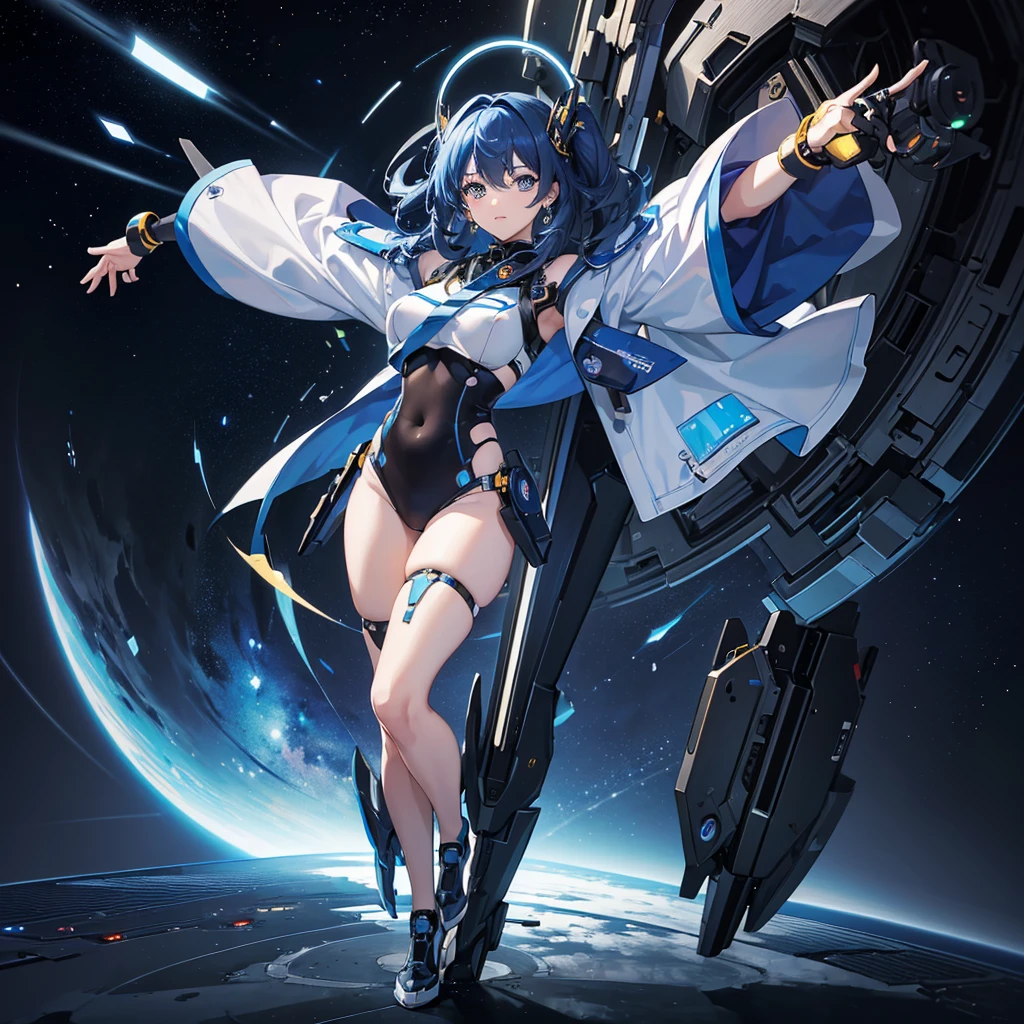 (masterpiece:1.2) (((32k))),(((Highest quality))),(detailed, 8k, high res,) masterpiece, add_detail best quality, perfect anime girl, Poster, Futuristic, blue shades, robotic girl, 2 girls dancing in a space shuttle, dance pose, dancing, dancing moves, music