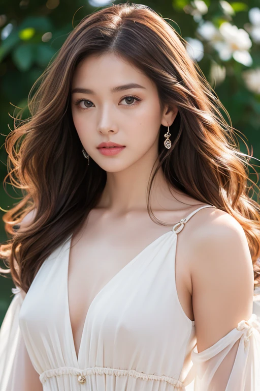 highest quality、4K、Beautiful lady、Perfect Face、Perfect Style、model、perfect body、Sunburn、beautiful lady、mature、long curly layer brown hair、Swept-back hair、full body, sexy 、charming、healthy、dress、CHANEL