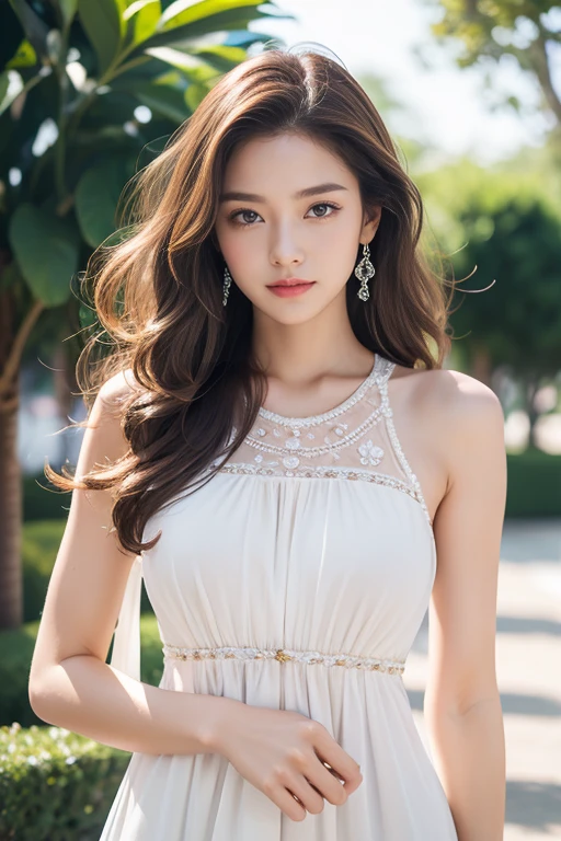 highest quality、4K、Beautiful lady、Perfect Face、Perfect Style、model、perfect body、Sunburn、beautiful lady、mature、long curly layer brown hair、Swept-back hair、full body, sexy 、charming、healthy、dress、CHANEL