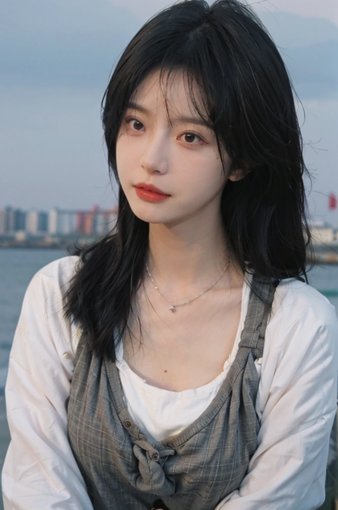Film portrait photography, 1girls, Lipstick, (big chest:1.2), Wear a necklace, Cute expression, Exquisite makeup, black suspenders, serene, calm, (Realistic and detailed eyes, Natural skin texture, Realistic facial details), Soft dramatic lighting, Vibrant details, Detailed and detailed, Surreal, 35mm film, hazy, outdoor, Seaside background, seaside, Depth of Field, Bokeh