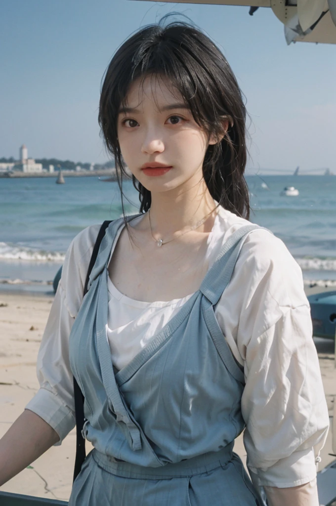 Film portrait photography, 1girls, Lipstick, (big chest:1.2), Wear a necklace, Cute expression, Exquisite makeup, black suspenders, serene, calm, (Realistic and detailed eyes, Natural skin texture, Realistic facial details), Soft dramatic lighting, Vibrant details, Detailed and detailed, Surreal, 35mm film, hazy, outdoor, Seaside background, seaside, Depth of Field, Bokeh