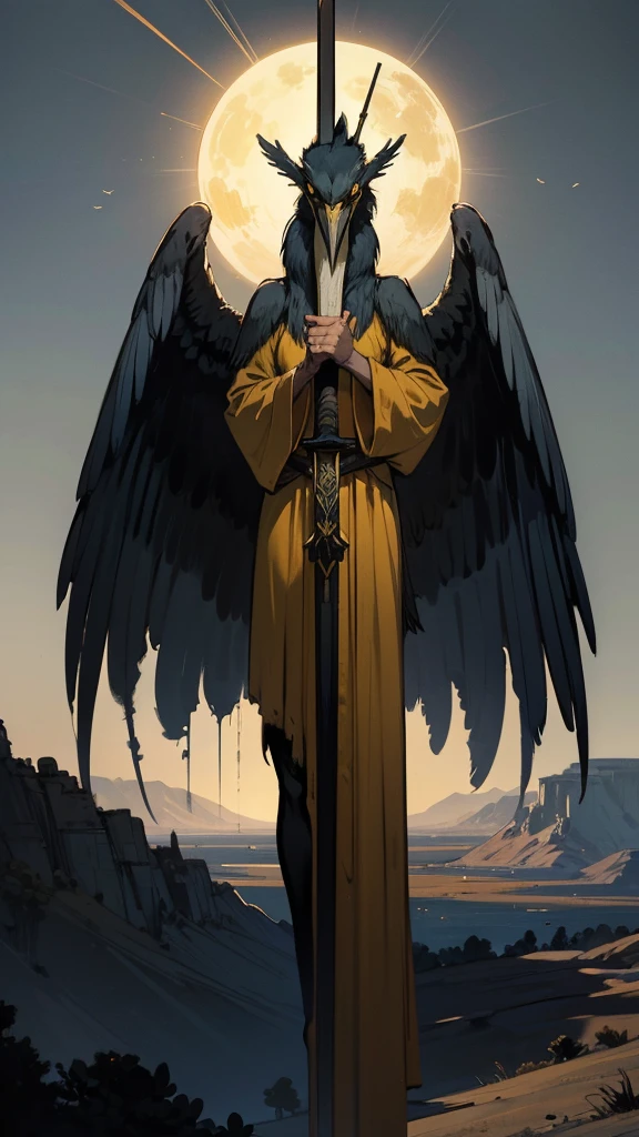 A man wrapped in a long dusy dull yellow robe wearing grey nonreflective goggles he holds a extreme long spire sword rifle combined weapon at an angle pointing down as he rides, rides a Morax, like a blue heron with a long neck and longer legs a large flightless bird 3 times the size of a man it blue-grey in color with an extreme long pointed narrow bill both the man and bird have trible markings, accross near the horizen, in a mostly barren landscape on a far distant planet, one large ringed plannet hangs in the dusty sun baked sky, 64k resolution,Masterpiece