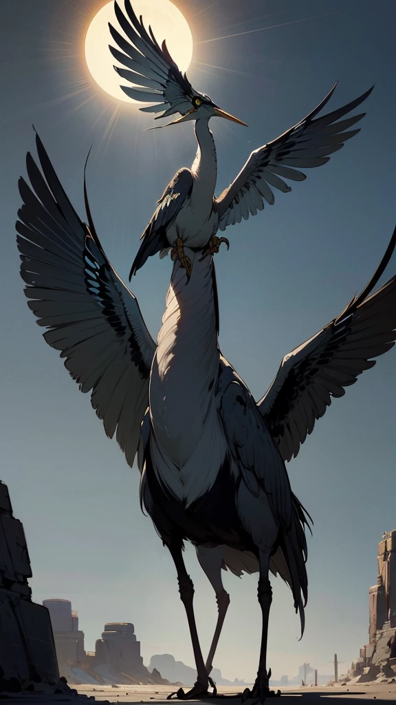 A man wrapped in a long dusy dull yellow robe wearing grey nonreflective goggles he holds a extreme long spire sword rifle combined weapon at an angle pointing down as he rides, rides a Morax, like a blue heron with a long neck and longer legs a large flightless bird 3 times the size of a man it  blue-grey in color with an extreme long pointed narrow bill both the man and bird have trible markings, accross near the horizen, in a mostly barren landscape on a far distant planet, one large ringed plannet hangs in the dusty sun baked sky, 64k resolution,Masterpiece