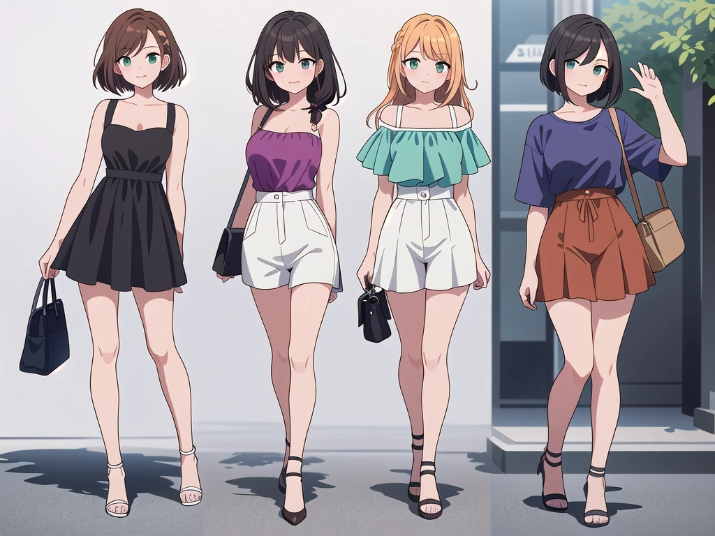 (((Best Quality))) , ((full body)), 4 lady, adult woman, multiple views, white background, variety of hairstyles, variety of fashion styles, seductive pose, fashionable and trendy atmosphere, holding bag, summer outfits, walk pose, dark blue/dark orange/dark green/dark violet/brown/white, short shorts,