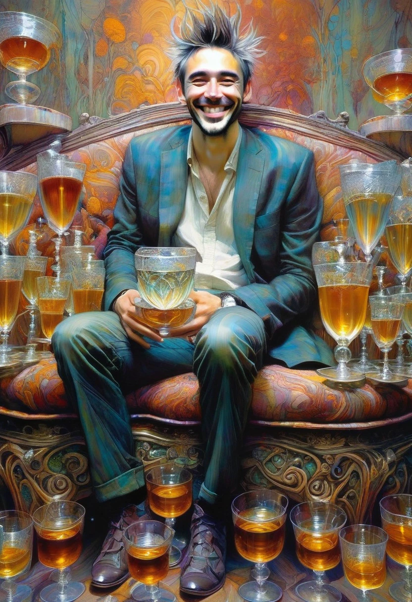 A man smiles sitting on a luxurious sofa, with nine cups of liquor on top of him on a piece of furniture, (art inspired by Brian Froud and Carne Griffiths and Wadim Kashin, intricate details, oil painting)
