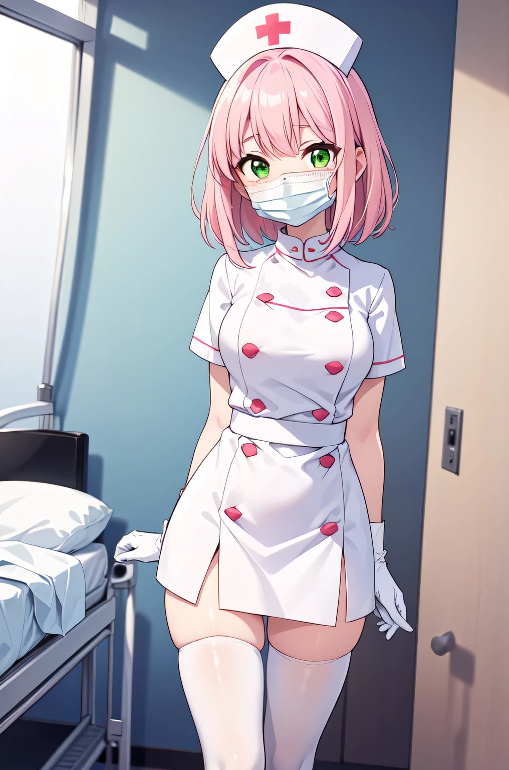 1woman, solo, nurse, white nurse cap, white nurse uniform, ((white legwear, zettai ryouiki)), white gloves, pink hair, green eyes, drooping eyes, ((white surgical mask, covered nose)), standing, ((hospital room)), sharp outline, short sleeves, mature female, 32 years old, best quality, masterpiece